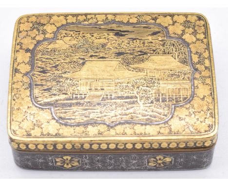 Japanese 19thC Meiji period gilt inlaid metal snuff or pill box, W6 x D4.2 x H1.6cm