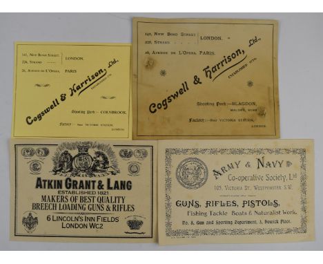 Four paper shotgun case labels comprising two Cogswell &amp; Harrison Ltd, Atkin Grant &amp; Lang and Army &amp; Navy Co-oper