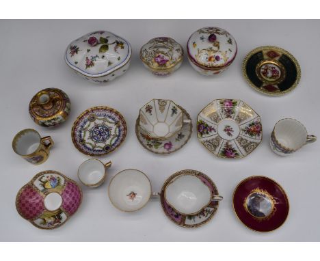 Collection of continental porcelain, Dresden, Meissen, jewelled cabinet cup and saucer with Sevres mark etc, tallest 11cm