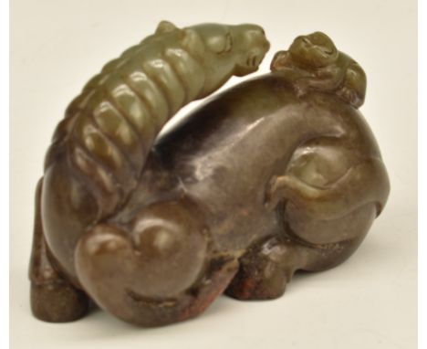 Chinese carved jade figure of a horse with monkey on its back, W11 x D5 x H6.5cm