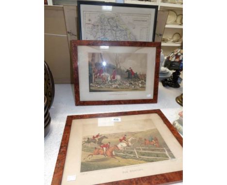 An early hunting map of Lincolnshire and 2 framed hunting prints