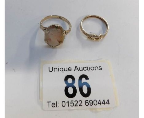 A 9ct gold knot ring size K and a 9ct gold cameo ring size Q