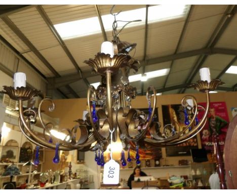 A 7 lamp 1930's ceiling light with blue glass droppers