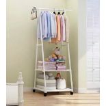Freestanding Metal Coat Rack With 2 Lower Storage Shelves and On Wheels L25