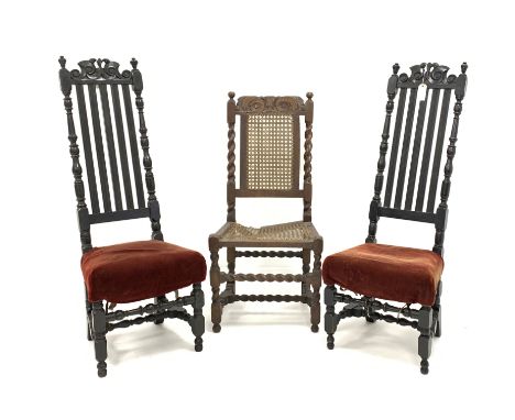 Pair of James II ebonised side chair, carved cresting rails, rail backs, bobbin turned pilasters, upholstered seats, turned a