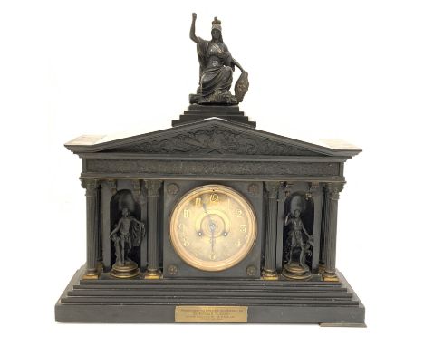 Victorian slate architectural mantel clock, with cast metal model of Britannia on stepped base, frieze carved with classical 
