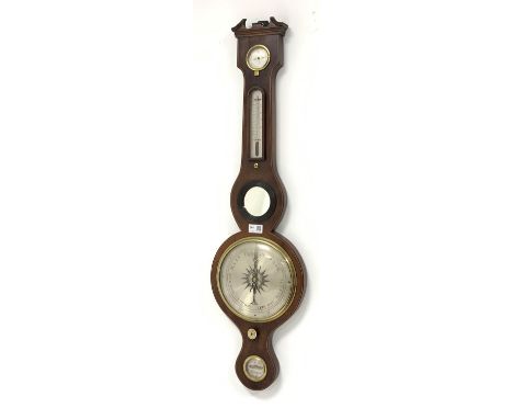 19th century mahogany cased barometer, broken arch pediment, boxwood and ebonised string inlay and silvered dial, H86cm Condi