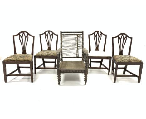 Set four 19th century mahogany dining chairs, pierced splat back, upholstered seat panel, square tapering supports, (W53cm) a