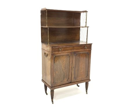 Regency rosewood chiffonier side cabinet, three quarter galleried top on raised back with brass supports, single frieze drawe