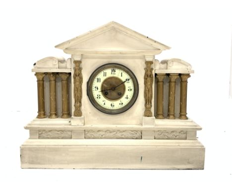Victorian white and gilt painted slate mantle clock, arched top, white painted enamel dial with Arabic chapter ring, flanked 