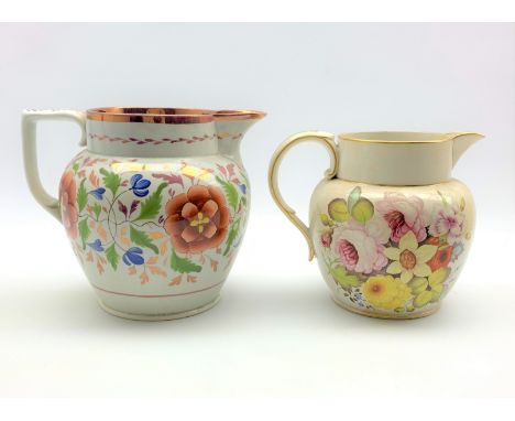 Early 19th Century Spode jug painted with flower heads and sprays with loop handle H18cm and another floral decorated jug   C