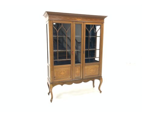 Edwardian mahogany display cabinet, dentil cornice over frieze inlaid with satinwood classical urns and swags, double astraga