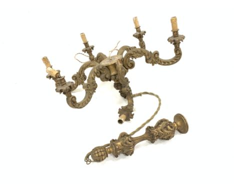 19th century gilt wood six light chandelier, with leaf carved scroll arms, and leaf carved centre column, converted to electr