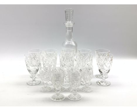 Waterford Lismore pattern decanter and stopper H33cm, ten Royal Doulton Georgian pattern white wine glasses and six sherry gl