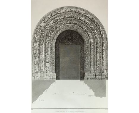Architectural engraving titled 'South door-way of Malmsbury Abbey Church' from 'Vetusta Monumenta,' published by The Society 
