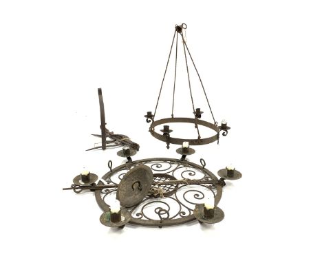 Wrought metal four branch ceiling light candle holder H70cm, a six branch ceiling light candle holder and an iron wreckon 