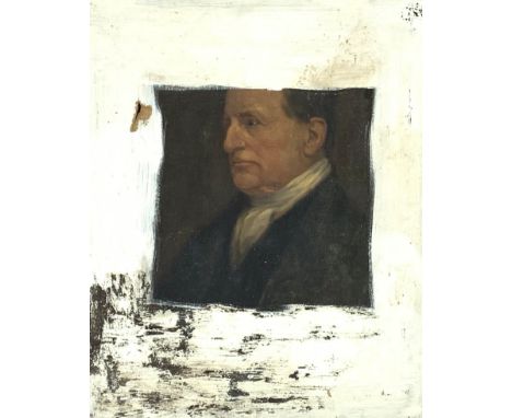 Unsigned early 19th Century head and shoulders oil portrait on canvas of a gentleman, part of the canvas later obscured with 