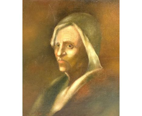 Unsigned head and shoulders portrait of a Dutch woman wearing a veil 35cm x 31cm unframed