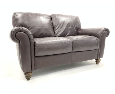 'Italsofa' two seat sofa, upholstered in brown leather, turned stained beech feet, W156cm Condition Report & Further Details 