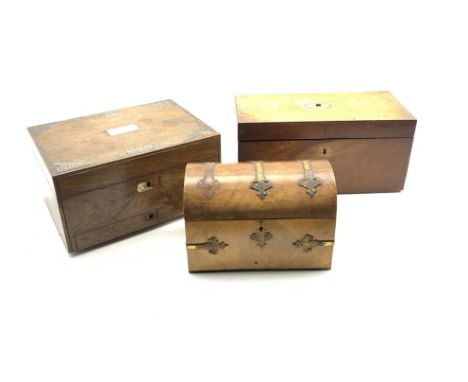Victorian walnut dome top casket with brass mounts W23cm, Victorian rosewood travelling work box and a 19th Century mahogany 