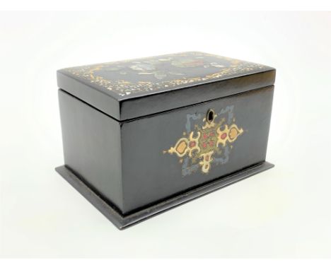 Victorian papier mache tea caddy with mother of pearl and painted decoration, the interior with two covered containers L19cm 