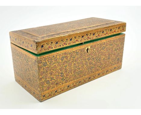 19th Century Kashmir lacquer tea caddy with all over decoration of trailing flowers and leaves, the blue interior fitted with