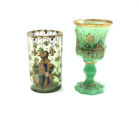 19th Century Bohemian green glass panel sided goblet painted with hunting scenes and gilt foliage on a baluster knop stem and