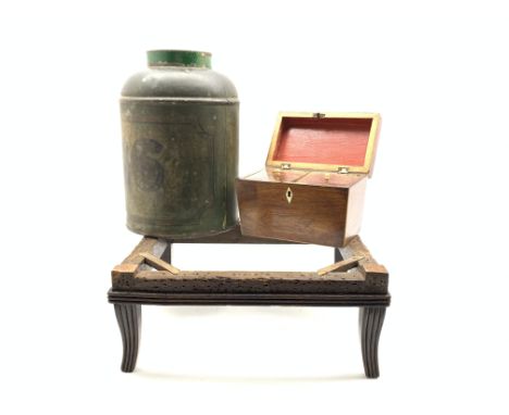 19th Century tole peinte tea canister numbered '16' H28cm, mahogany tea caddy W18cm and a Regency stool frame 34cm x 26cm Con