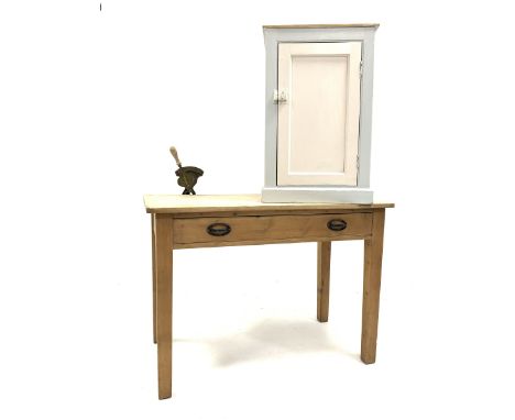 Early 20th century pine work table, rectangular top above single drawer, raised on square supports, fitted with marmalade cut