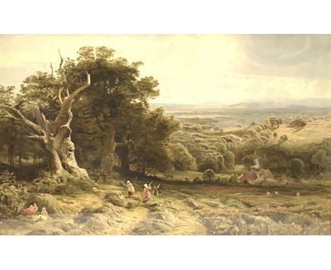 George Vicat Cole- Extensive rural scene with haymaking, figures, cottages etc, lithograph 59cm x 95cm in gilt frame Conditio