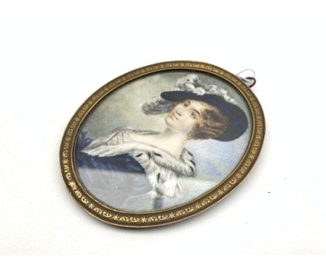 Miniature oval oil portrait of a lady, half length with a fur trimmed dress and hat 11cm x 8cm Condition Report & Further Det