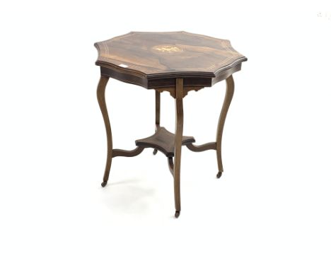 Edwardian rosewood two tier octagonal window table with marquetry inlay, (W72cm) together with a light oak tripod lamp/plant 