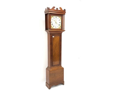Early 19th century mahogany long case clock, swan neck pediment, plain pilasters and trunk door, raised on shaped bracket fee