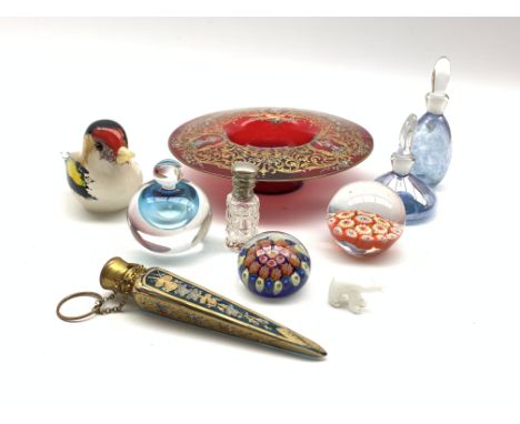 Continental overlaid glass scent flask of tapering design, overlaid ruby glass shallow dish D15cm, two small millefiore glass