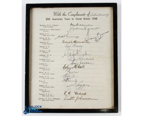 A 1948 signed Australian Cricket Team Sheet to Great Britain with 'With the compliments of the 20th Australian Team to Great 