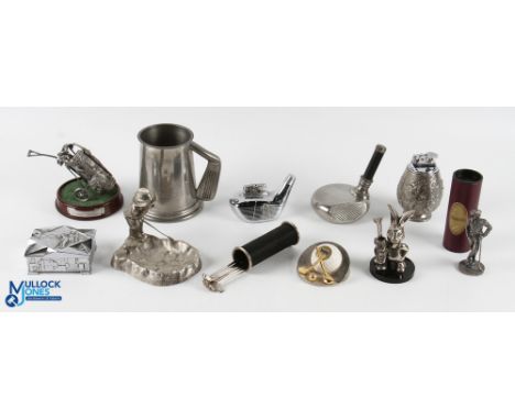 Golf Themed Collectables, a selection of metal, chrome, pewter - lighters, tankard, ash tray, desk clock, cocktail stirrers, 