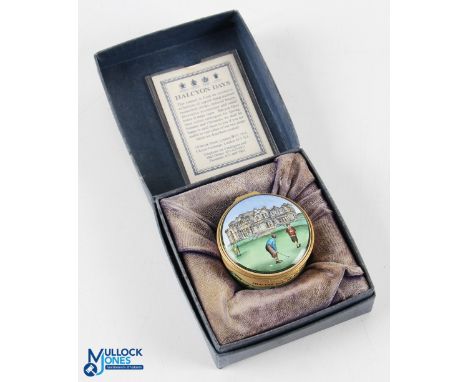 Fine Halcyon Days Enamel Decorative Golf Pill Box - with The R &amp; A Club House to the hinged lid and The Old Golf Course t