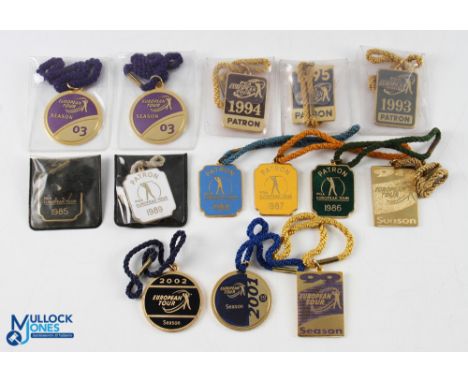 Collection of PGA European Golf Tour Brass &amp; Enamel Patron/Season Badges from 1985 onwards (14) to incl 1985-1989, '93-'9