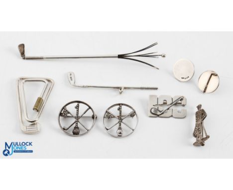 Assorted Golf Related Silver Items (9) - 2x silver marcasite hole-in-one brooches, 2x ball markers, 925 silver swizzle stick,
