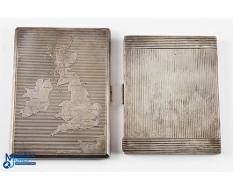 2x Hallmarked Silver Cigarette Cases Presented to Harry Weetman - one having machined decoration with map of UK and Ireland t