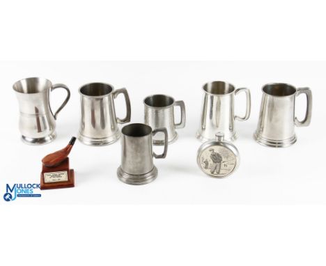 Golf Tankards &amp; Flask - one tankard is marked FTBA N Lancs golf, a pewter flask with golf scene to front, the others are 