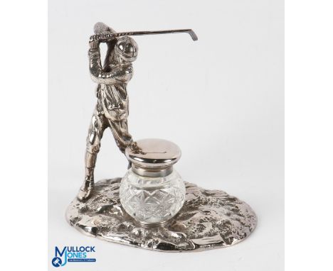 Cast Plated White Metal Golfer Design Ink Stand having a standing golfer holding a detachable club on naturalistic ground wit