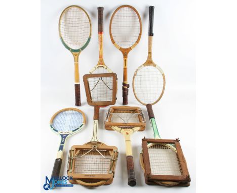 c1950-1970 Wooden Tennis Rackets, a lot of 8 rackets and presses, to include Dunlop International D line 101 with Dunlop pres