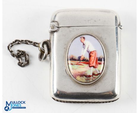 Edwardian Hallmarked silver and enamel Vesta Case having enamel roundel to front depicting a golfer, with hinged lid and stri