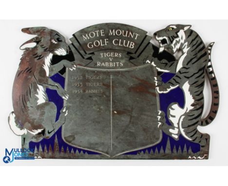 1930s Mote Mount Golf Club Enamel Brass Honours Board/Plaque, an impressive, engraved plaque of Tigers v Rabbits, made by Nas