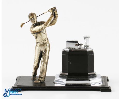 Art Deco Ronson Golfer Lighter Desk Set including a Ronson Touch-Tip black and chrome finish lighter with a metal stand with 