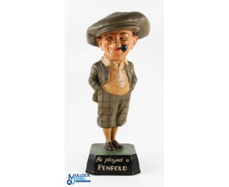 Early and Original Penfold Man Papier Mache Golfing Figure - the early figure with gap between the legs, with pipe, mounted o