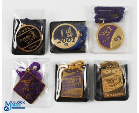 Collection PGA European Golf Tour Brass and Enamel Season Members Badges (6) to incl '98, '99, '01 (30th Anniv), '02, '03 and
