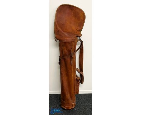 Period large leather Golf Club Bag, with travel hood, double stitched straps and handle, ball pocket, shoulder strap - some l