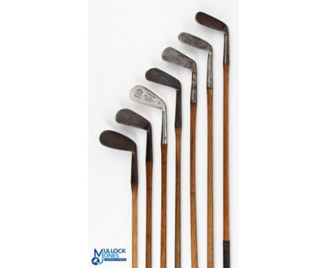 7x Assorted irons - to incl' Halley cross sword mashie niblick, Robert Forgan St Andrews deep faced niblick and mashie, Bob M